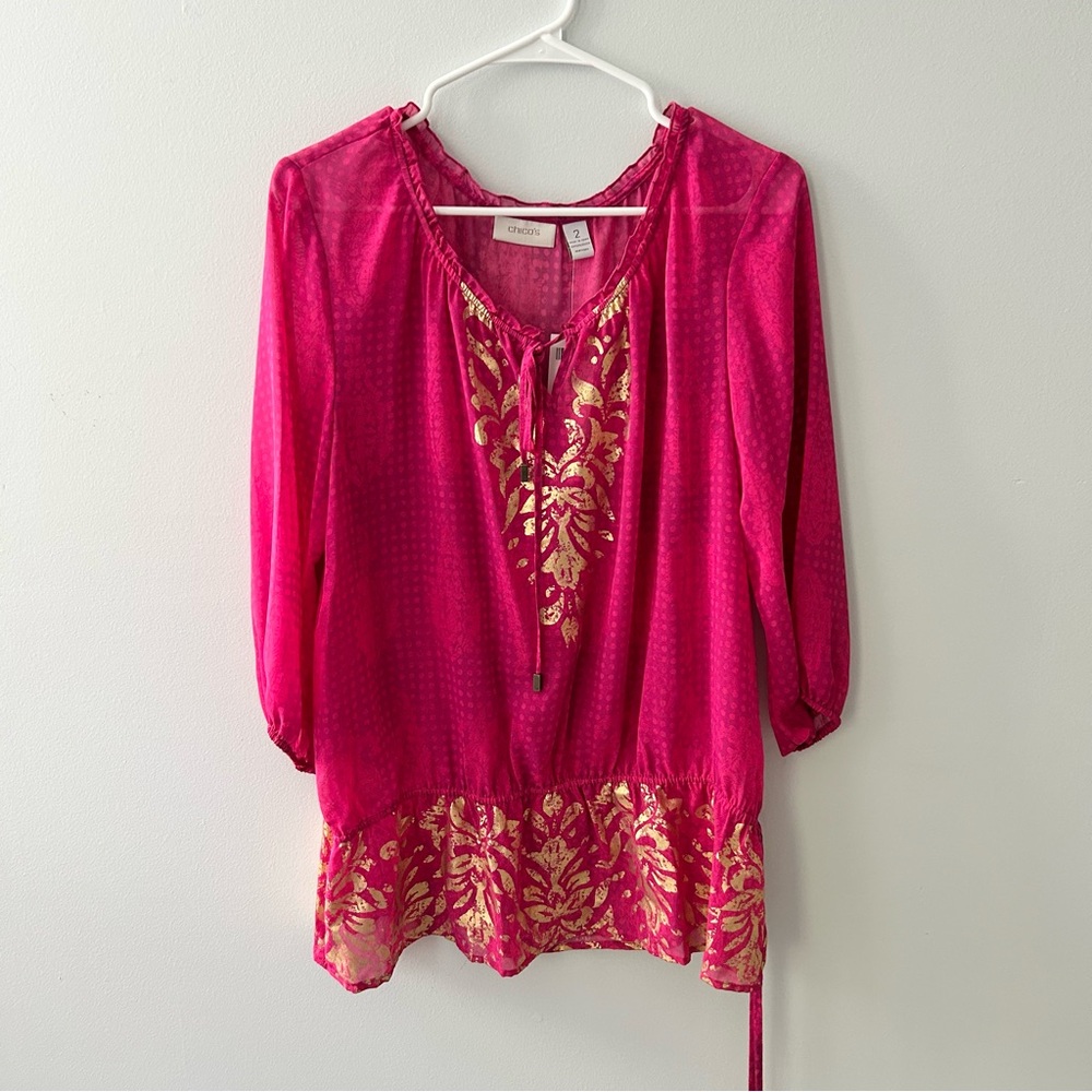 Chico’s Damask Shimmer Lacy Top 3/4 Bengali Pink Sheer Blouse NWT Size Large (2) - Picture 2 of 9